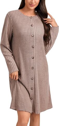 Vrtige Women's Ribbed Knit Night Fall Long Sleeve Button Down Mini Sleepwear Dress in Saudi Arabia