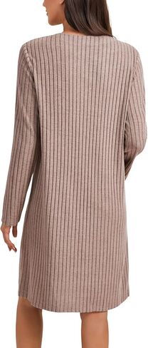 Vrtige Women's Ribbed Knit Night Fall Long Sleeve Button Down Mini Sleepwear Dress in Saudi Arabia