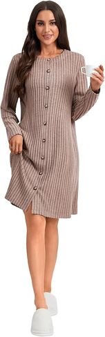 Vrtige Women's Ribbed Knit Night Fall Long Sleeve Button Down Mini Sleepwear Dress in Saudi Arabia