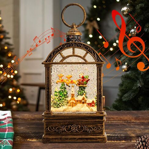 Snow Globe Christmas Lantern Decorations - 9.8"USB Plug-in & Battery Operated Music can be Turned Off，Portable Creative Water Glitters Lighted Music Christmas Snow Globe Lantern for Christmas Decor in Saudi Arabia