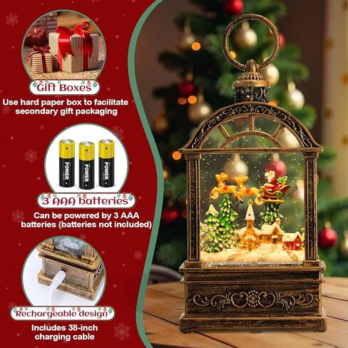 Snow Globe Christmas Lantern Decorations - 9.8"USB Plug-in & Battery Operated Music can be Turned Off，Portable Creative Water Glitters Lighted Music Christmas Snow Globe Lantern for Christmas Decor in Saudi Arabia