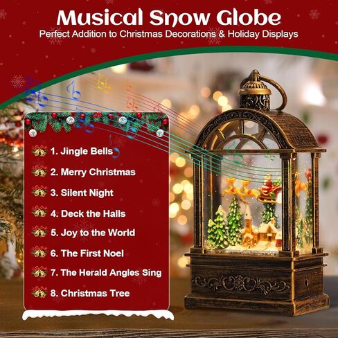 Snow Globe Christmas Lantern Decorations - 9.8"USB Plug-in & Battery Operated Music can be Turned Off，Portable Creative Water Glitters Lighted Music Christmas Snow Globe Lantern for Christmas Decor in Saudi Arabia