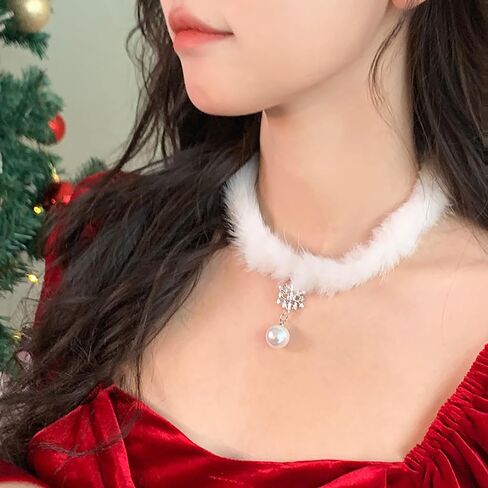 Snowflake Choker for Women Cute Fluffy Crystal Snowflake Pearl Pendant Necklace Lightweight Y2k Plush Collar Necklace Christmas Costume Jewelry Accessories in Saudi Arabia