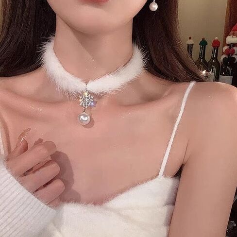Snowflake Choker for Women Cute Fluffy Crystal Snowflake Pearl Pendant Necklace Lightweight Y2k Plush Collar Necklace Christmas Costume Jewelry Accessories in Saudi Arabia