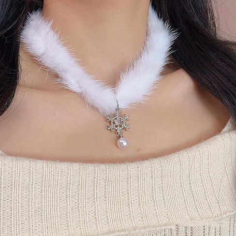 Snowflake Choker for Women Cute Fluffy Crystal Snowflake Pearl Pendant Necklace Lightweight Y2k Plush Collar Necklace Christmas Costume Jewelry Accessories in Saudi Arabia