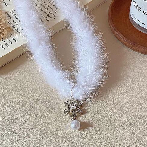 Snowflake Choker for Women Cute Fluffy Crystal Snowflake Pearl Pendant Necklace Lightweight Y2k Plush Collar Necklace Christmas Costume Jewelry Accessories in Saudi Arabia