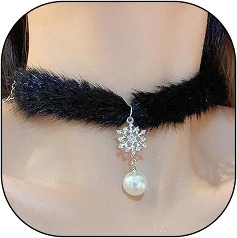 Snowflake Choker for Women Cute Fluffy Crystal Snowflake Pearl Pendant Necklace Lightweight Y2k Plush Collar Necklace Christmas Costume Jewelry Accessories in Saudi Arabia