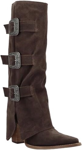 Dingo Womens Buckle Bunny Suede Leather Casual Boots Over the Knee Mid Heel 2-3" - Brown in Saudi Arabia