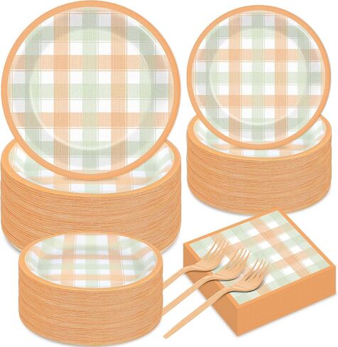 100PCS Thanksgiving Tableware Set Party Decorations Plaid Plates Napkins Forks Dinnerware Set for 25 Guests Disposable Thanksgiving Theme Dinner Plates Full Party Supplies Happy Harvest Dessert Plates in Saudi Arabia