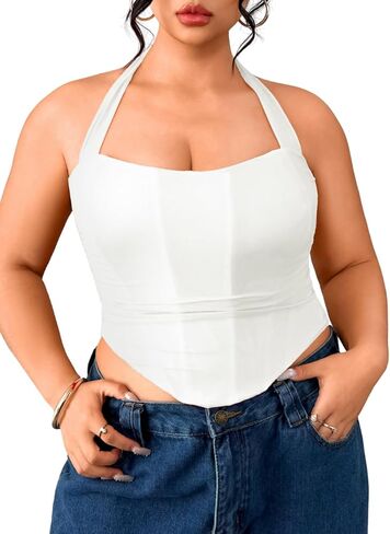 Women's Plus Size Sexy Halter Boned Corset, Square Neck Mesh Lace Up Crop Top, Club Going Out Outfits (14W-22W) in Saudi Arabia