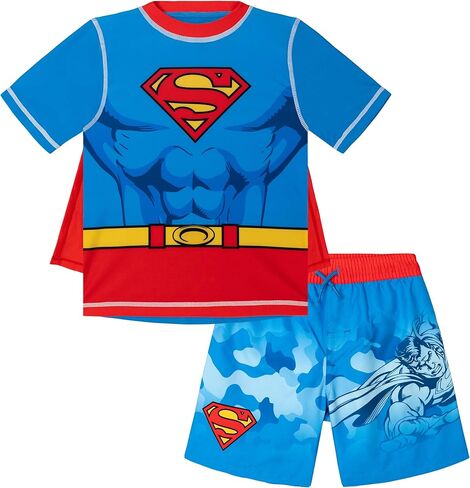 مجموعة من 3 قطع من DC Comics Cosplay Rash Guard، سروال سباحة ورداء قابل للفصل بعامل حماية من الأشعة فوق البنفسجية 50+ مقاسات الأطفال الصغار (2T - 7-8) in Kuwait