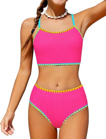 Girls Swimsuit Colorful Contrast Trim Bikini Set Two Piece Bathing Suit Solid Color Girls' Swimwear 9-16T in Saudi Arabia