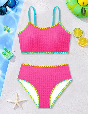 Girls Swimsuit Colorful Contrast Trim Bikini Set Two Piece Bathing Suit Solid Color Girls' Swimwear 9-16T in Saudi Arabia