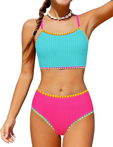 Girls Swimsuit Colorful Contrast Trim Bikini Set Two Piece Bathing Suit Solid Color Girls' Swimwear 9-16T in Saudi Arabia