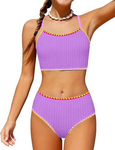 Girls Swimsuit Colorful Contrast Trim Bikini Set Two Piece Bathing Suit Solid Color Girls' Swimwear 9-16T in Saudi Arabia