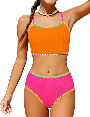 Girls Swimsuit Colorful Contrast Trim Bikini Set Two Piece Bathing Suit Solid Color Girls' Swimwear 9-16T in Saudi Arabia