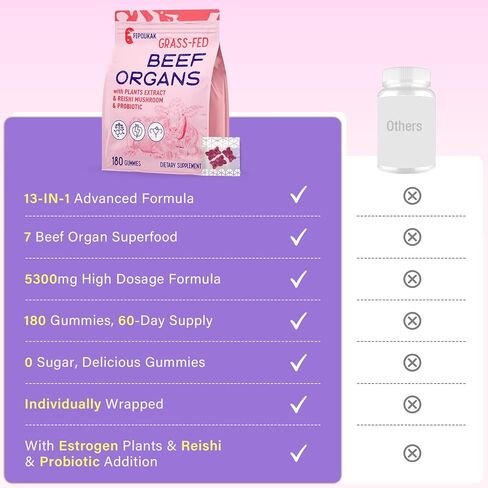 (180 Gummies) Beef Organ Supplement for Women - 5300mg Beef Liver, Kidney, Uterus & 10 More, for Hormone Balance, Menstruation, Energy, Immunity, Gut & Skin Health - 100% Grass Fed & Pasture Raise in Saudi Arabia