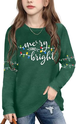 Kids Christmas Shirt Boys Girls Merry Christmas Tshirt Xmas Tree Long Sleeve Tops 5-14y in Saudi Arabia