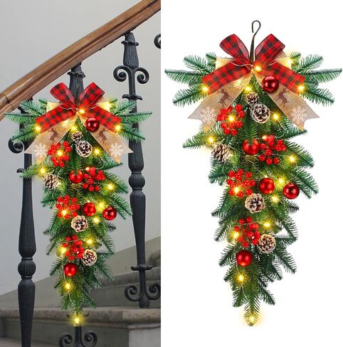 Zeyune 25.6 Pre Lit Christmas Teardrop Swag, Holiday Red Plaid Bow Swag with Lights, Pine Cones, Berries, Artificial Cedar Branches, Christmas Teardrop Stair Wreath for Indoor Outdoor Wall Mantel in Saudi Arabia