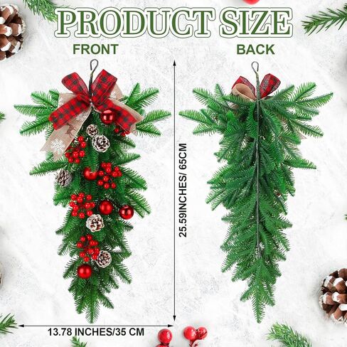 Zeyune 25.6 Pre Lit Christmas Teardrop Swag, Holiday Red Plaid Bow Swag with Lights, Pine Cones, Berries, Artificial Cedar Branches, Christmas Teardrop Stair Wreath for Indoor Outdoor Wall Mantel in Saudi Arabia