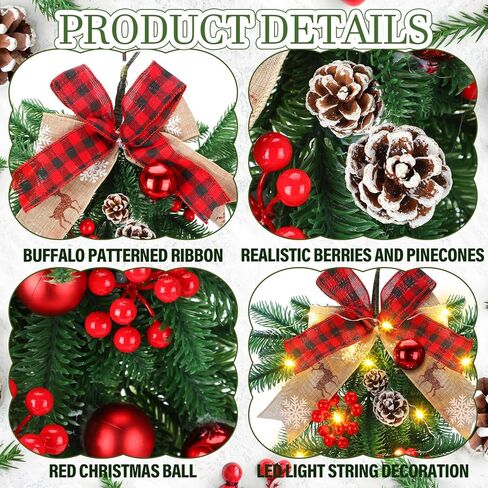 Zeyune 25.6 Pre Lit Christmas Teardrop Swag, Holiday Red Plaid Bow Swag with Lights, Pine Cones, Berries, Artificial Cedar Branches, Christmas Teardrop Stair Wreath for Indoor Outdoor Wall Mantel in Saudi Arabia