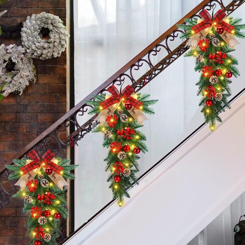 Zeyune 25.6 Pre Lit Christmas Teardrop Swag, Holiday Red Plaid Bow Swag with Lights, Pine Cones, Berries, Artificial Cedar Branches, Christmas Teardrop Stair Wreath for Indoor Outdoor Wall Mantel in Saudi Arabia