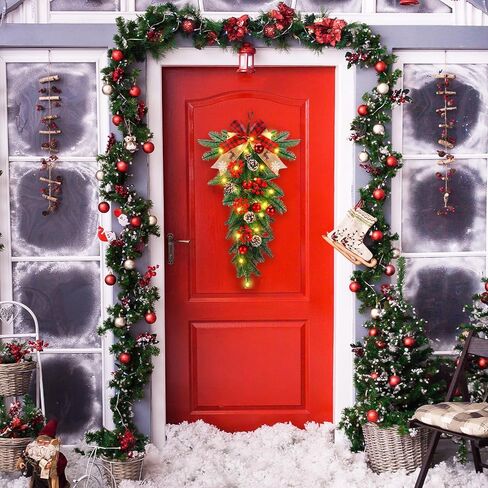 Zeyune 25.6 Pre Lit Christmas Teardrop Swag, Holiday Red Plaid Bow Swag with Lights, Pine Cones, Berries, Artificial Cedar Branches, Christmas Teardrop Stair Wreath for Indoor Outdoor Wall Mantel in Saudi Arabia