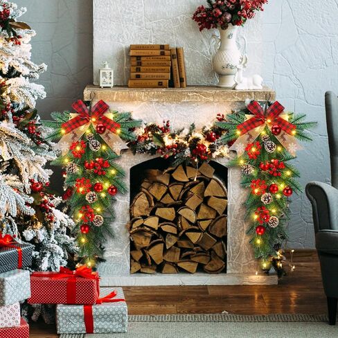 Zeyune 25.6 Pre Lit Christmas Teardrop Swag, Holiday Red Plaid Bow Swag with Lights, Pine Cones, Berries, Artificial Cedar Branches, Christmas Teardrop Stair Wreath for Indoor Outdoor Wall Mantel in Saudi Arabia