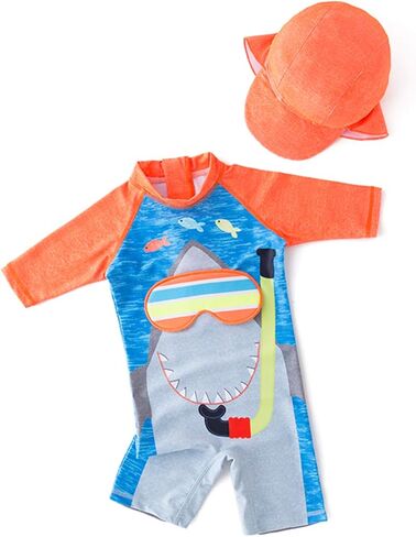 stylesilove Little Boys Shark with 3D Swim Glasses One-Piece Rash Guard Swimsuit with Sun Hat 2pcs Beach Swimwear in Saudi Arabia