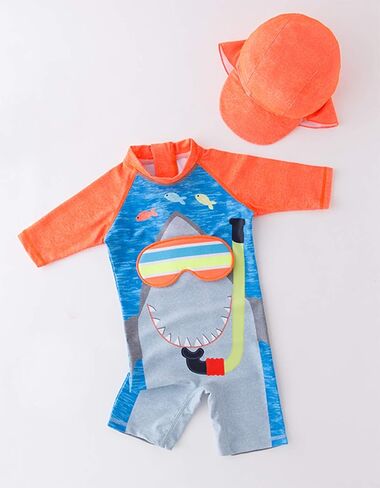 Stylesilove Little Boys Shark مع نظارات السباحة ثلاثية الأبعاد قطعة واحدة من ملابس السباحة للحماية من الطفح الجلدي مع قبعة الشمس قطعتين ملابس سباحة للشاطئ in Kuwait
