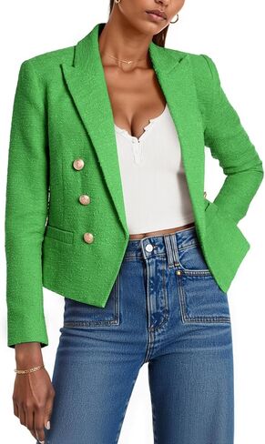 Cicy Bell Women Cropped Tweed Blazer Jackets Lapel Open Front Long Sleeve Business Suit Jackets with Pocket in Saudi Arabia