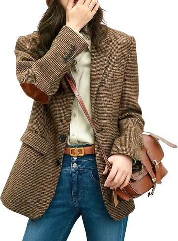 chouyatou Women's Fall Winter Wool Business Casual Blazer Jacket Single Breasted Plaid Dressy Work Coat in Saudi Arabia