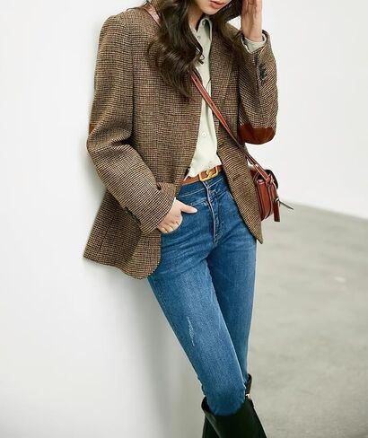 chouyatou Women's Fall Winter Wool Business Casual Blazer Jacket Single Breasted Plaid Dressy Work Coat in Saudi Arabia