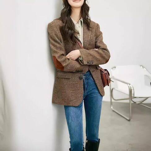 chouyatou Women's Fall Winter Wool Business Casual Blazer Jacket Single Breasted Plaid Dressy Work Coat in Saudi Arabia