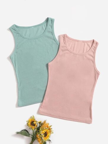 Girl's 2 Pieces Casual Ribbed Knit Crewneck Tank Top Sleeveless Slim Fitted Tops in Saudi Arabia