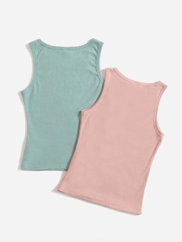 Girl's 2 Pieces Casual Ribbed Knit Crewneck Tank Top Sleeveless Slim Fitted Tops in Saudi Arabia