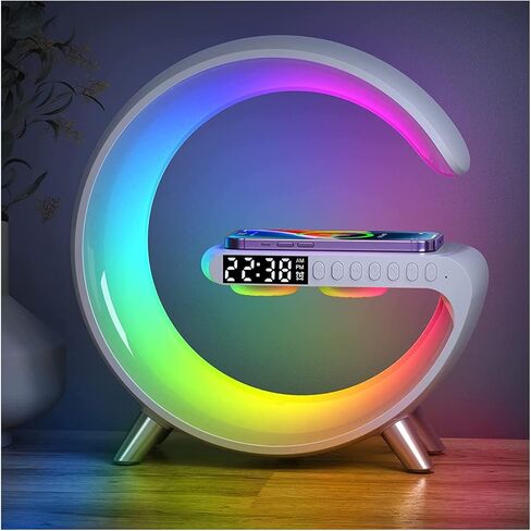 مصباح طاولة LED ذكي، شاحن لاسلكي 4 في 1، ضوء ليلي، ساعة منبه، ومكبر صوت بلوتوث مع التحكم في التطبيقات لغرفة النوم والمكتب وديكور المنزل (أبيض) in Kuwait