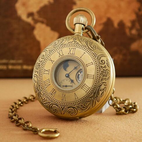 VIGOROSO Mechanical Hand-Wind Pocket Watch for Men, Half Hunter Double Covers 24-Hour Day Moon Phase, Luxury Watches with Tourbillon in Box in Saudi Arabia