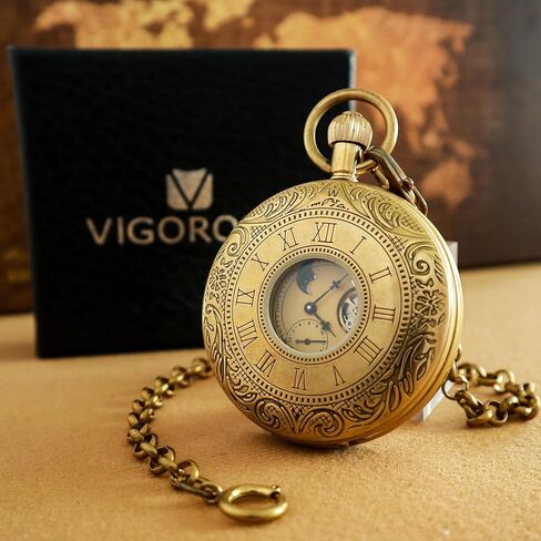 VIGOROSO Mechanical Hand-Wind Pocket Watch for Men, Half Hunter Double Covers 24-Hour Day Moon Phase, Luxury Watches with Tourbillon in Box in Saudi Arabia