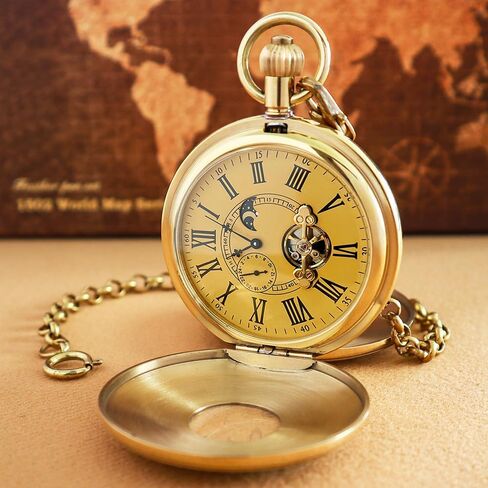 VIGOROSO Mechanical Hand-Wind Pocket Watch for Men, Half Hunter Double Covers 24-Hour Day Moon Phase, Luxury Watches with Tourbillon in Box in Saudi Arabia