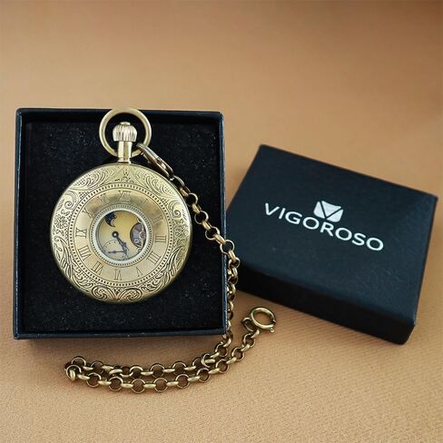 VIGOROSO Mechanical Hand-Wind Pocket Watch for Men, Half Hunter Double Covers 24-Hour Day Moon Phase, Luxury Watches with Tourbillon in Box in Saudi Arabia