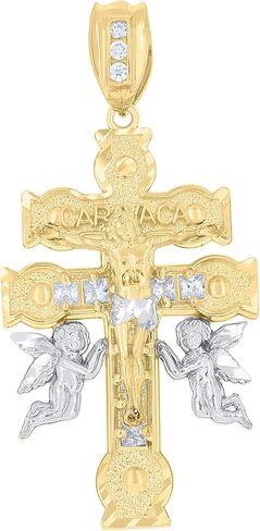 10k Two-Tone Gold Mens Princess Cut Cubic-Zirconia Religious Caravaca Cross Crucifix Charm Pendant in Saudi Arabia