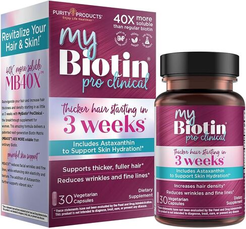 منتجات Purity MyBiotin ProClinical - شعر أكثر سمكًا يبدأ في 3 أسابيع ويحارب التجاعيد - MB40X مصفوفة البيوتين وفيتامين B7 الحاصلة على براءة اختراع مع أستازانتين - 40 مرة أكثر قابلية للذوبان مقابل البيوتين العادي، 30 كبسولة نباتية in Saudi Arabia