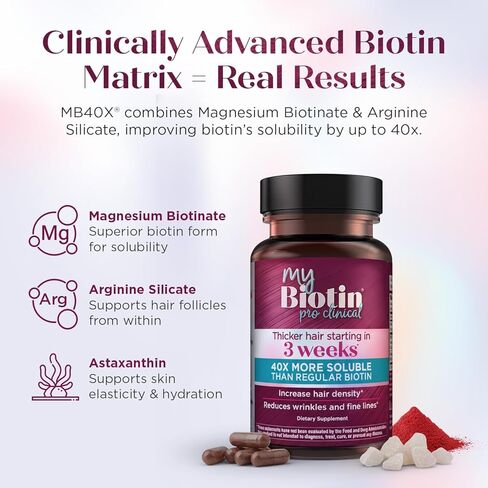 منتجات Purity MyBiotin ProClinical - شعر أكثر سمكًا يبدأ في 3 أسابيع ويحارب التجاعيد - MB40X مصفوفة البيوتين وفيتامين B7 الحاصلة على براءة اختراع مع أستازانتين - 40 مرة أكثر قابلية للذوبان مقابل البيوتين العادي، 30 كبسولة نباتية in Saudi Arabia