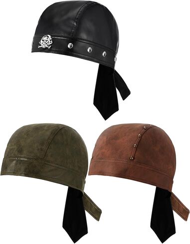 3 Pcs Leather Biker Cap Adjustable Skull Cap Cycling Bandana Doo Rags Studded Unisex Distressed Motorcycle Headwrap Black Newsboy Hats for Women Men in Saudi Arabia