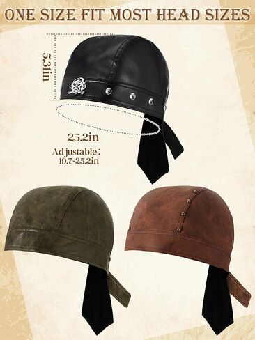 3 Pcs Leather Biker Cap Adjustable Skull Cap Cycling Bandana Doo Rags Studded Unisex Distressed Motorcycle Headwrap Black Newsboy Hats for Women Men in Saudi Arabia