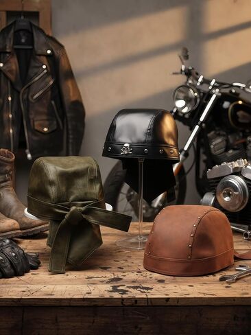 3 Pcs Leather Biker Cap Adjustable Skull Cap Cycling Bandana Doo Rags Studded Unisex Distressed Motorcycle Headwrap Black Newsboy Hats for Women Men in Saudi Arabia