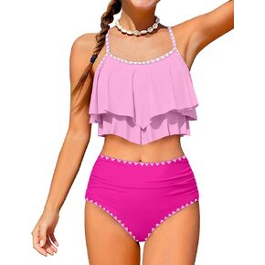 الفتيات ملابس السباحة مجموعة البكيني 2 قطعة ثوب السباحة المتدرج تكدرت التباين تقليم الأشرطة قابل للتعديل ملابس سباحة للفتيات 9-16Y in Kuwait