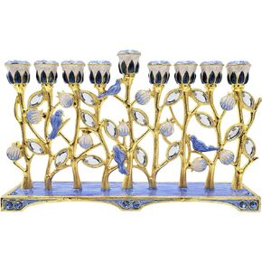 تصميم شركة Dreidel Hanukkah Menorah Enamel Pomegranate & Blue Bird، معدن مطلي بالمينا يدويًا، يبلغ مقاس هذه الشمعدان المزخرف ذو 9 فروع 30.48 سم ارتفاعًا × 25.4 سم عرضًا. in Kuwait