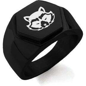 Stainless Steel Raccoon Hexagon Crest Flat Top Biker Style Polished Ring in Saudi Arabia